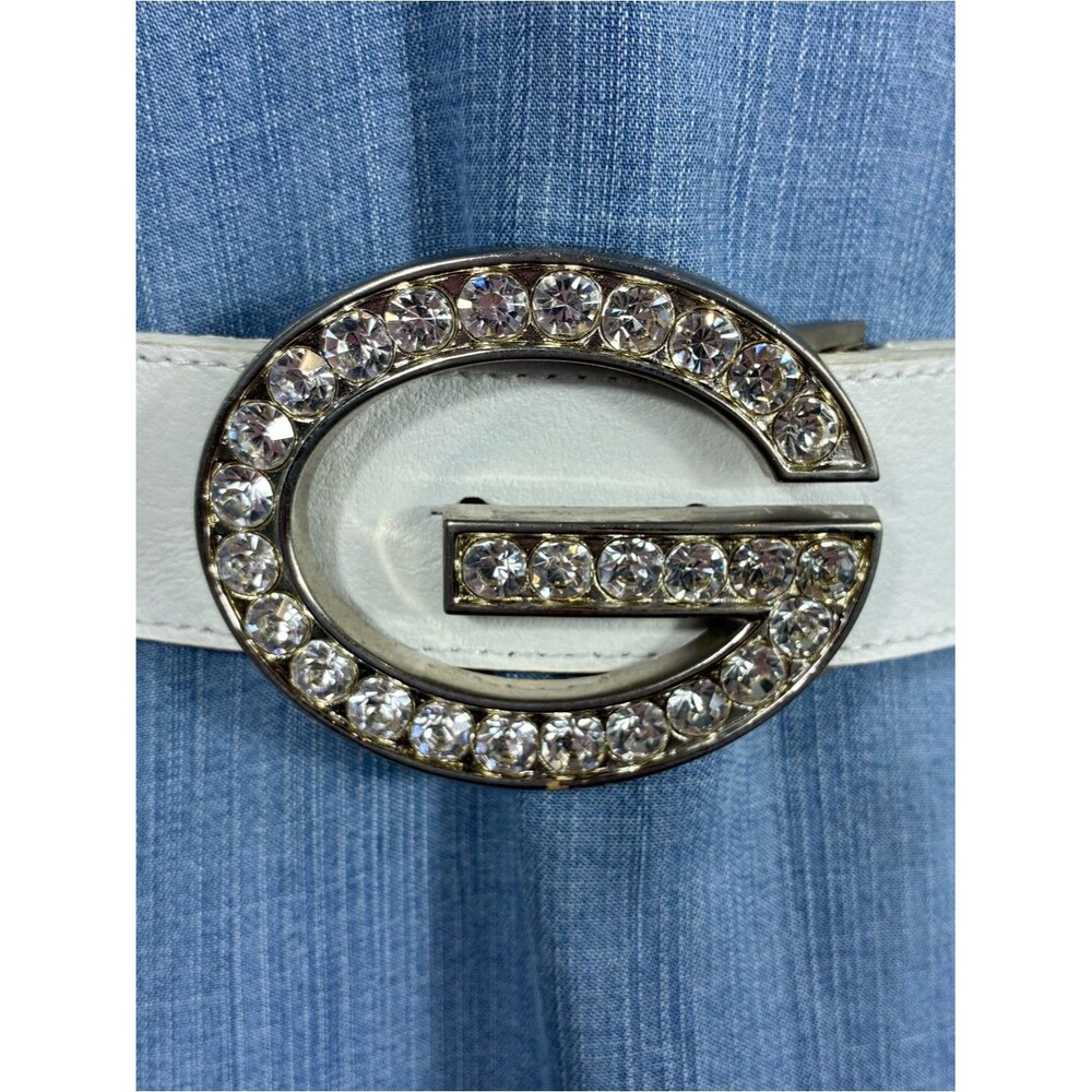 GUESS Womens belt Sz S genuine leather white rhinestones bling Y2K